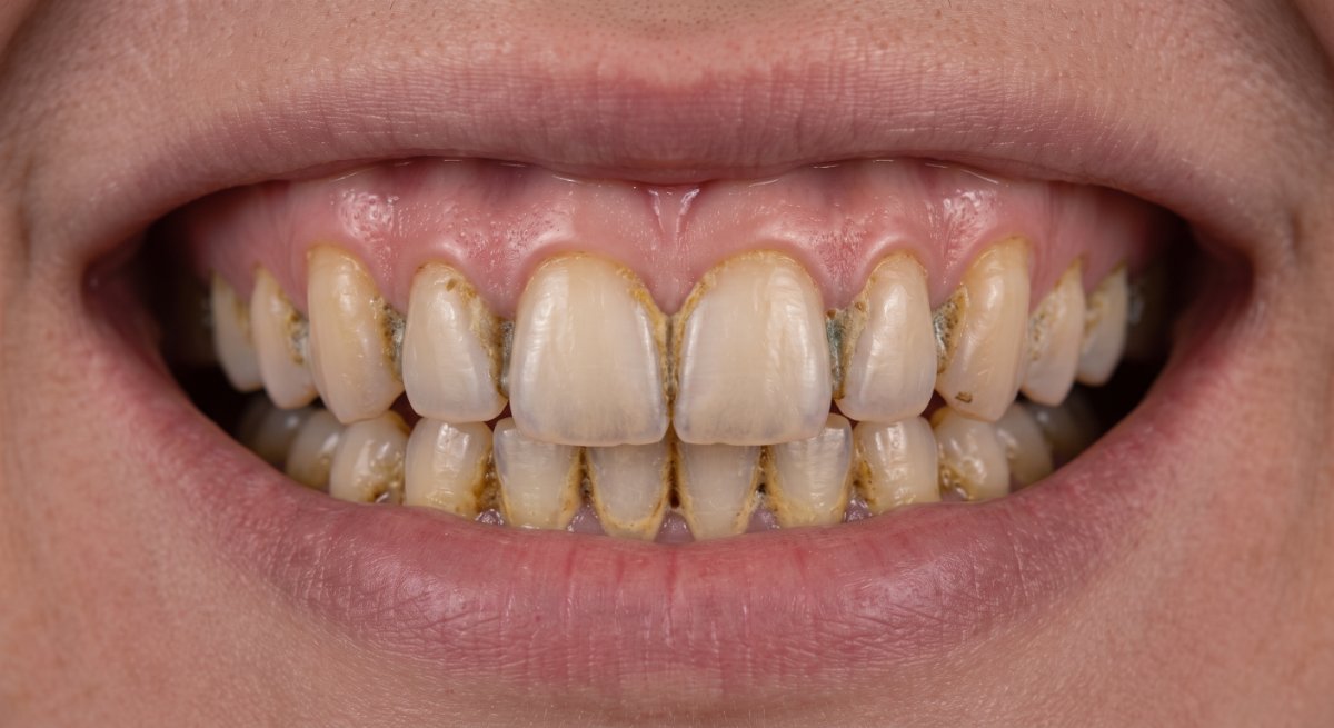 Upper front teeth with tartar at the gum line